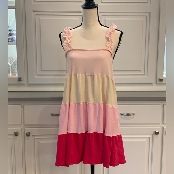 Boutique Brand ~ BiBi ~ Color Block Ruffle Sundress in Cream&Pinks ~ Size L - Picture 3 of 9